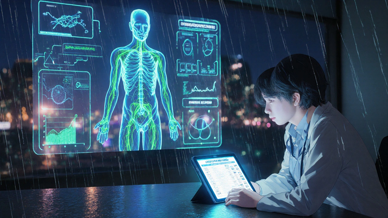 A doctor and patient reviewing a glowing digital health interface showing a nervous system with safe transition paths.