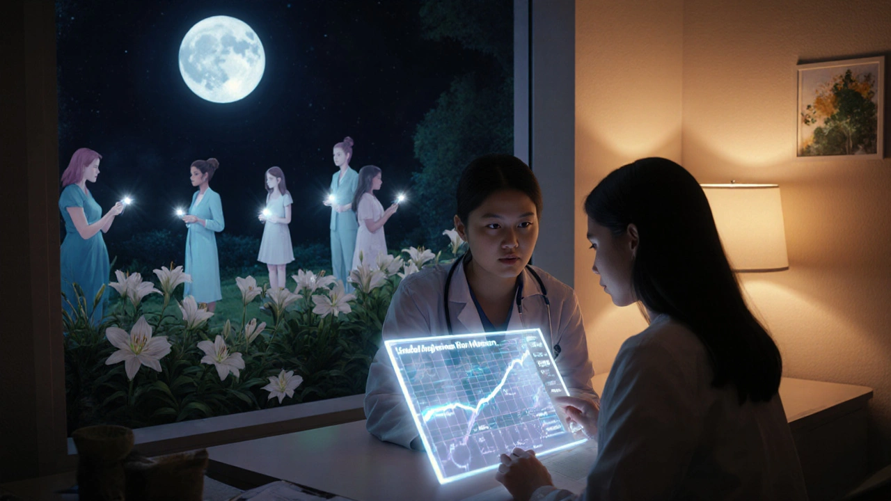 A doctor and patient reviewing a glowing health chart at night, with a blooming garden visible outside the window.