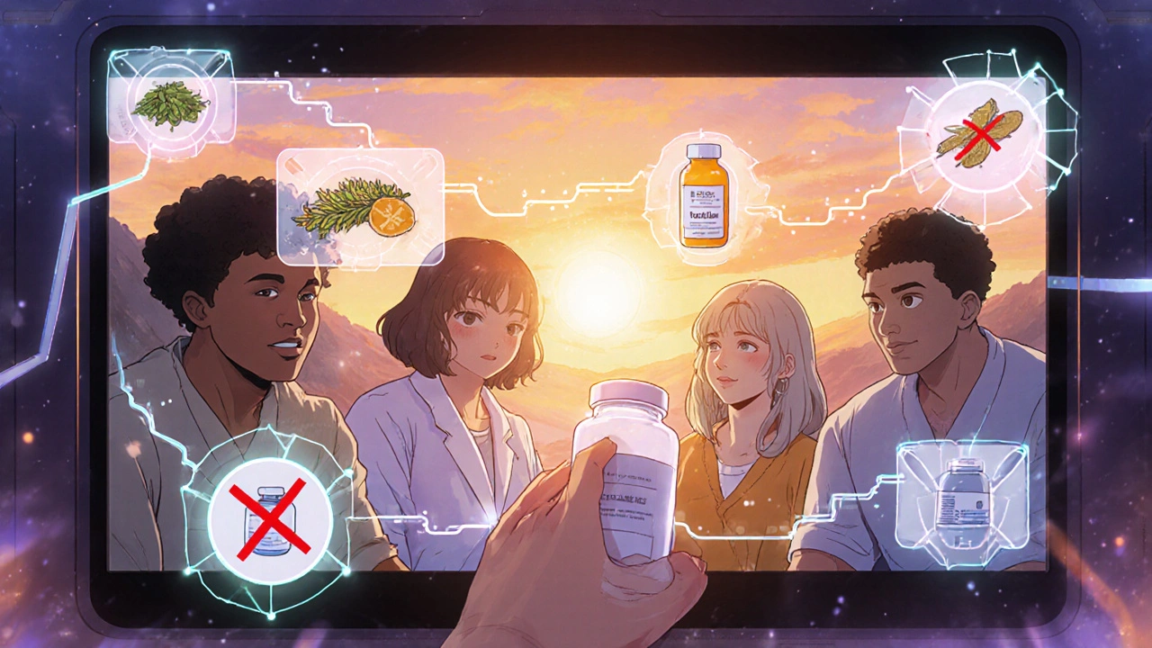 A group of people in a video call, surrounded by personalized health timelines transforming into brighter paths.