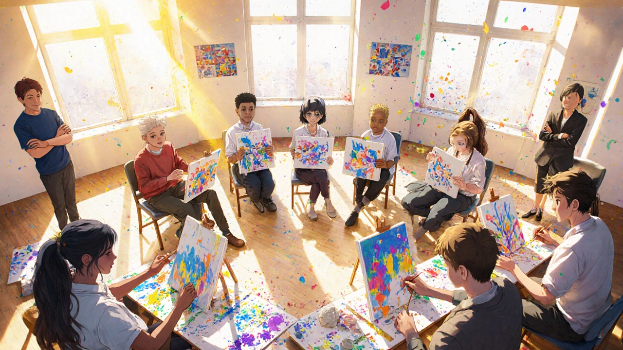 A group of veterans creating artwork together in a bright studio, showing camaraderie.
