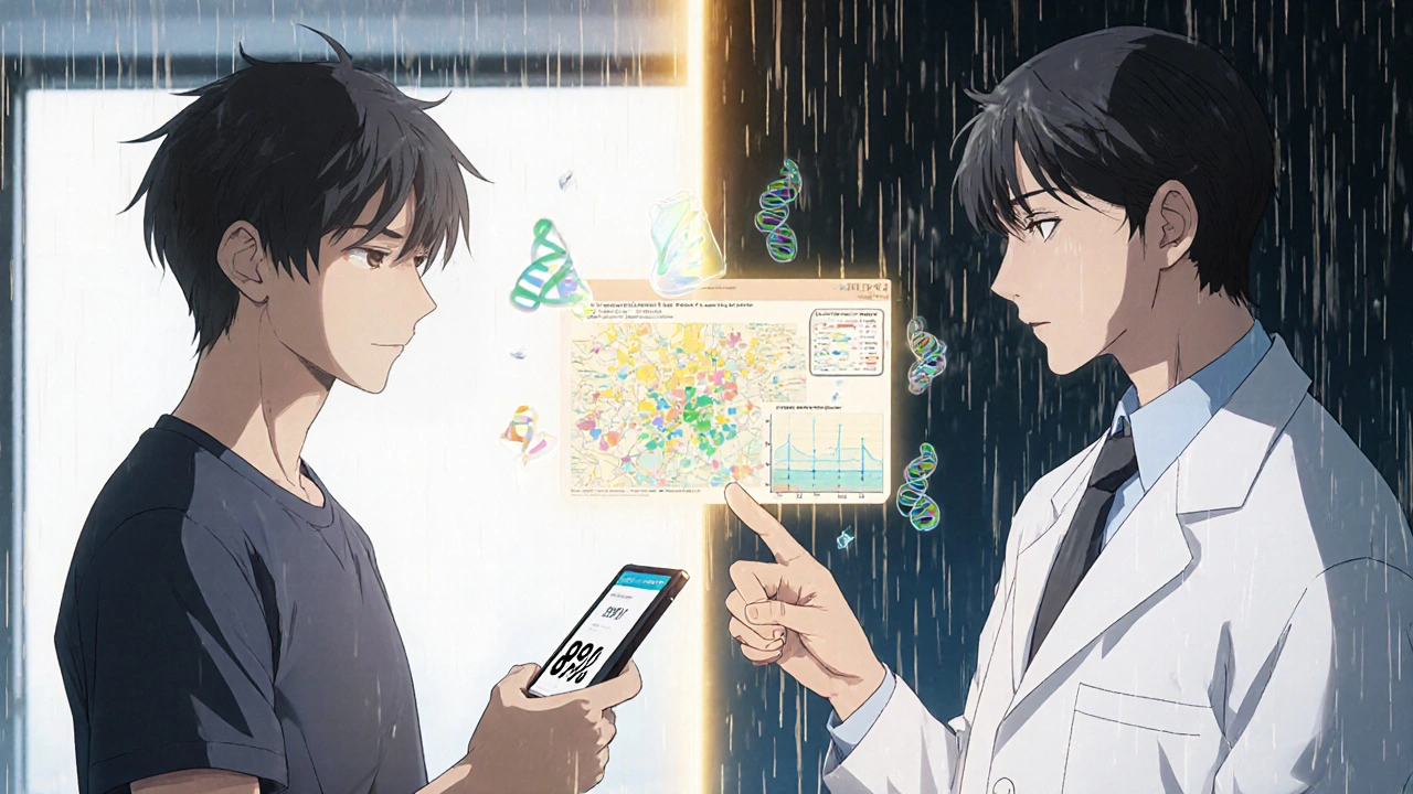 A patient and doctor in a clinic, facing each other as holographic drug interaction maps glow between them.