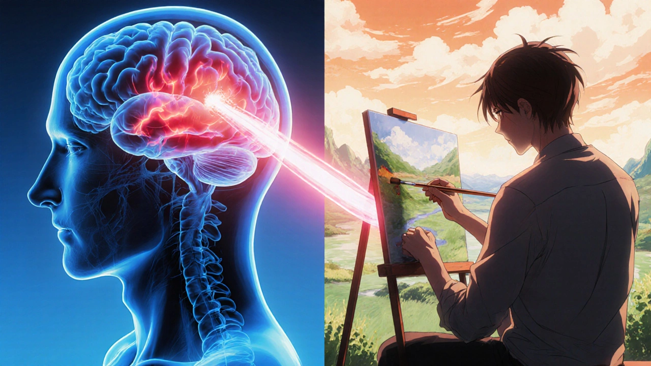 A stylized brain with highlighted amygdala beside a person drawing a safe place, illustrating calm.