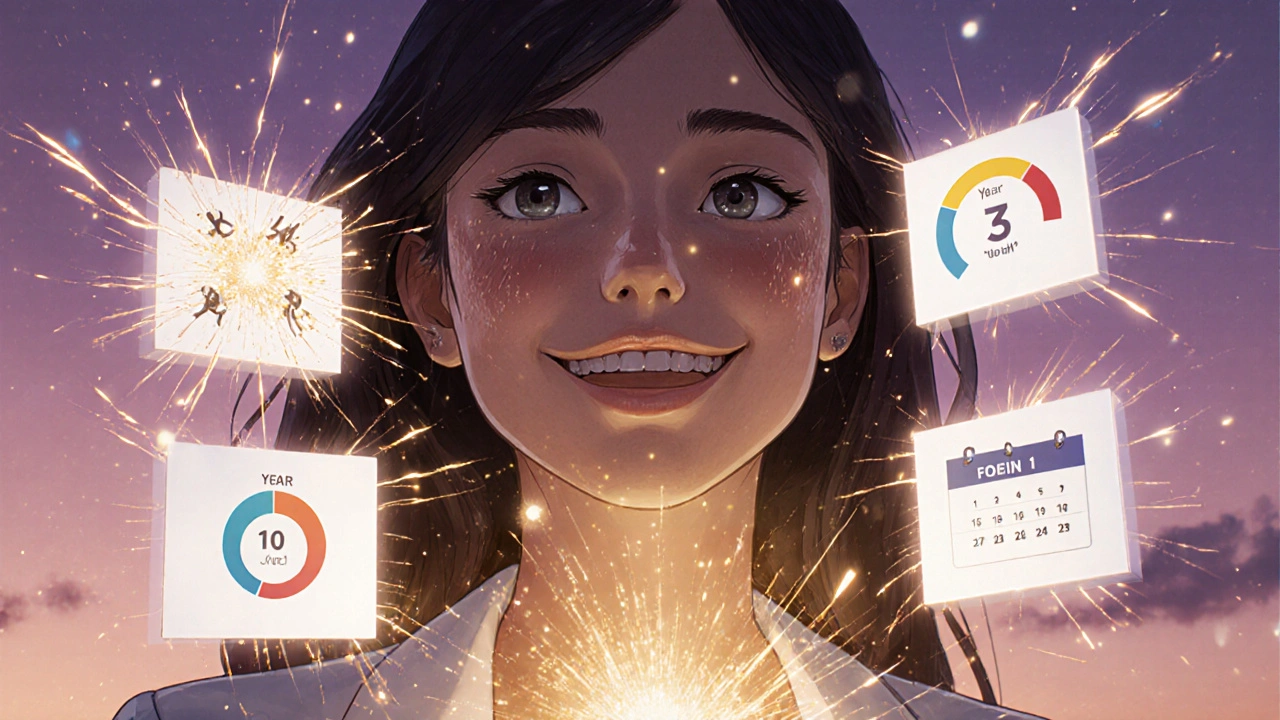 A woman smiling with golden light radiating from her chest, surrounded by floating symbols of reduced miscarriage risk, pain relief, and long-term use.