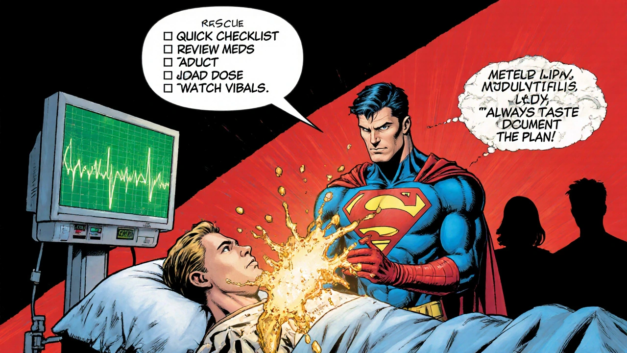 Clinician monitors ECG and administers lipid rescue to a patient experiencing lidocaine toxicity.