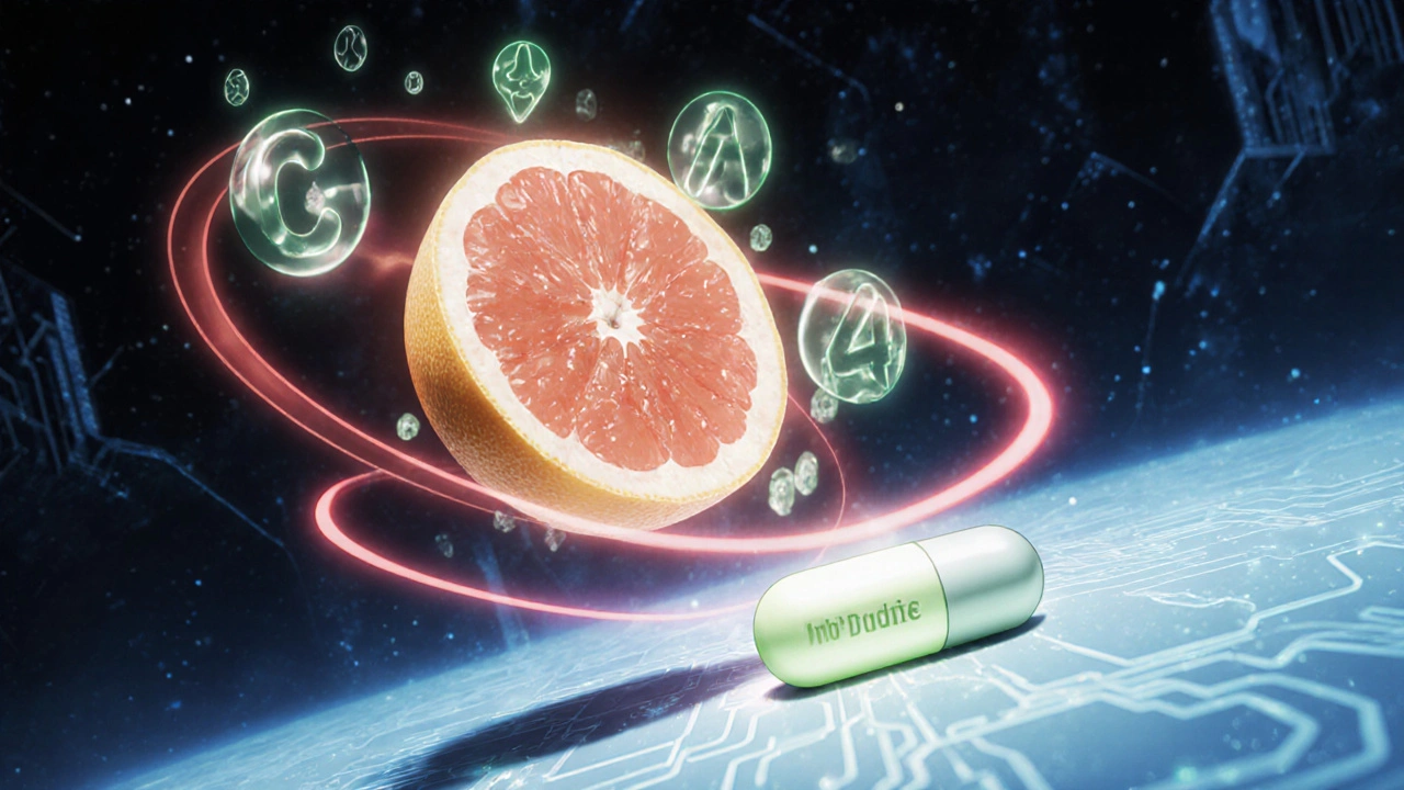 Close-up of grapefruit hovering over ivabradine tablet with enzyme symbols swirling around.