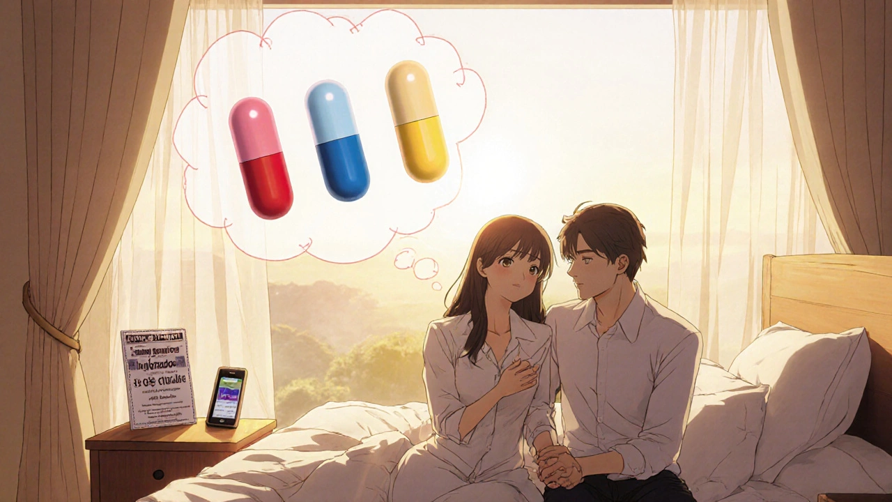 Couple on a bed with floating pills in a thought bubble, sunrise light surrounding them.