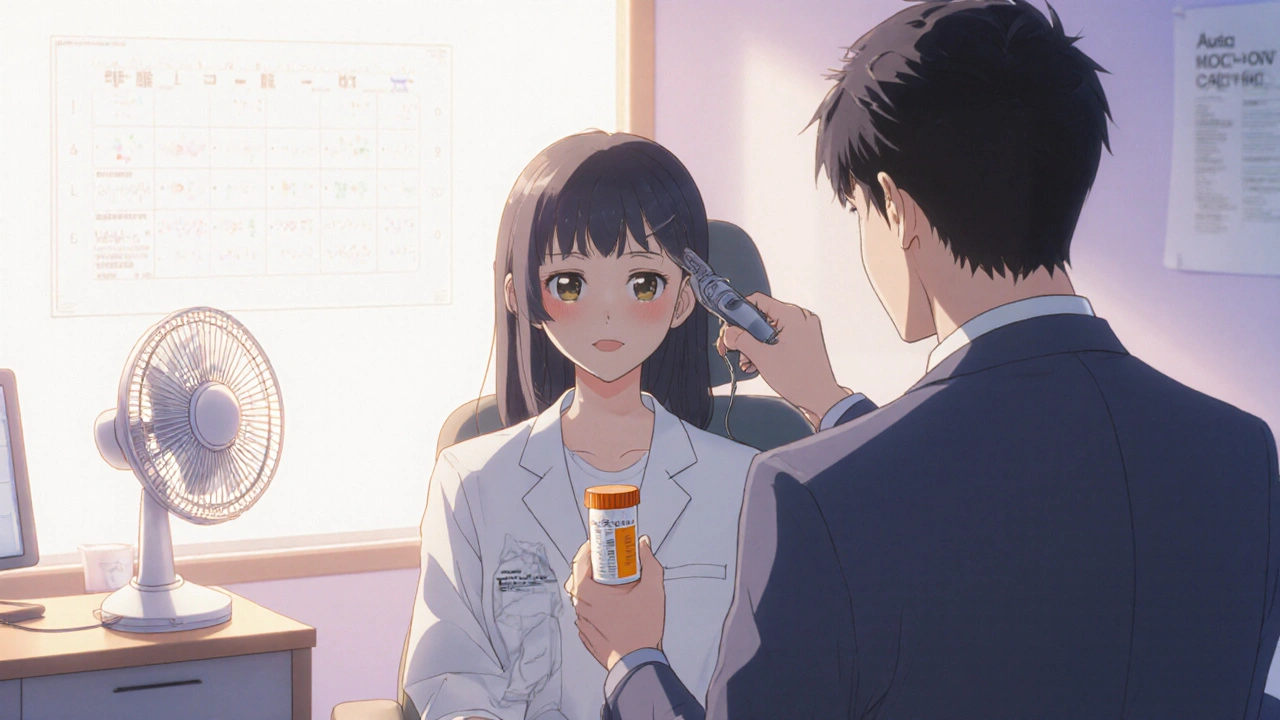 Doctor and patient discussing tinnitus in a softly lit clinic.
