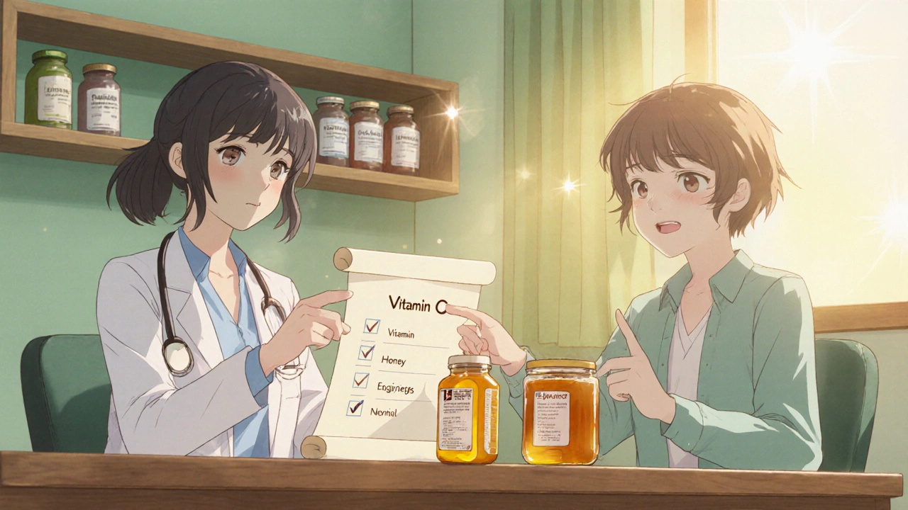 Doctor and patient reviewing a checklist with vitamin C and honey alternatives.