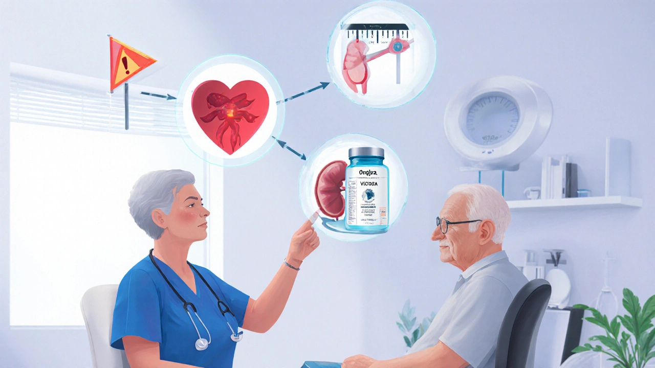 Doctor and patient reviewing treatment options with heart, kidney, and weight icons floating.