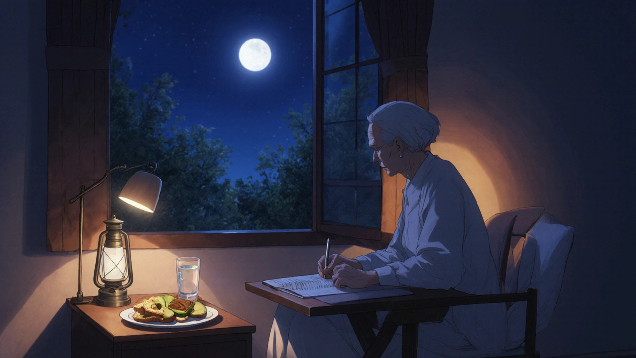Elderly person journaling side effects beside water and snacks in a moonlit room.