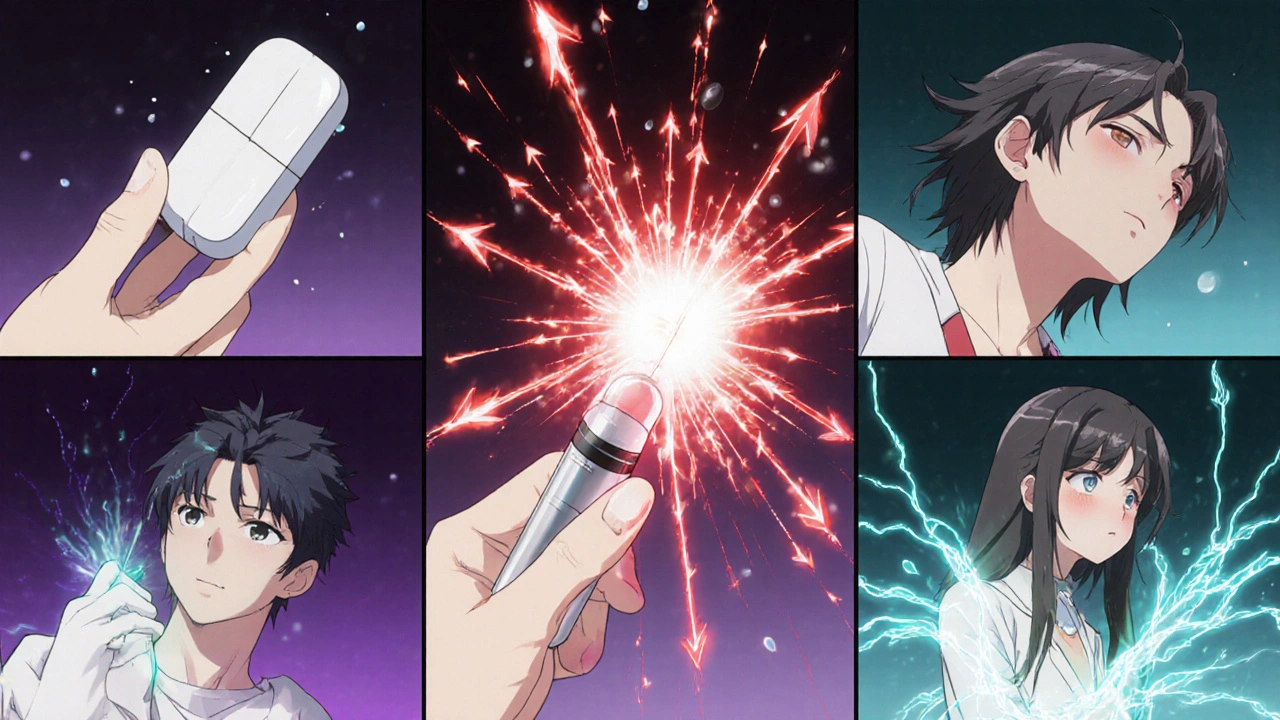 Five anime characters illustrate different migraine drugs and their mechanisms.