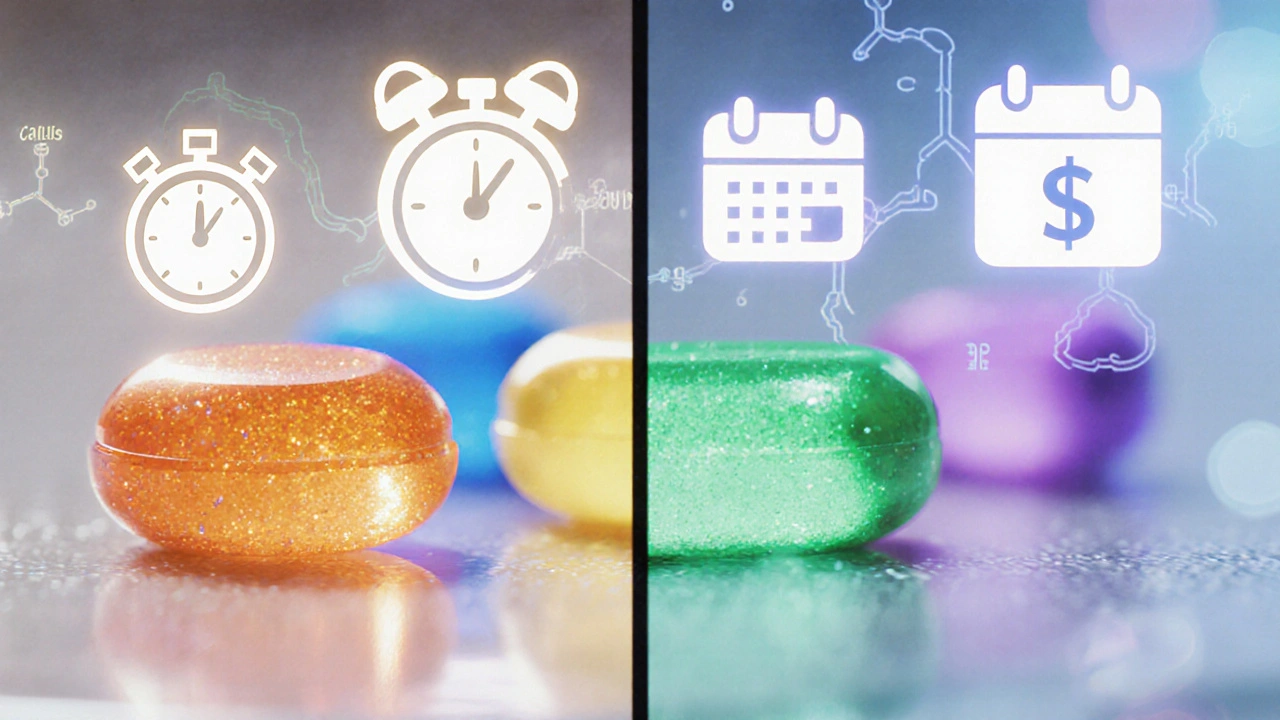 Five colorful ED tablets displayed with icons for onset, duration, and cost.