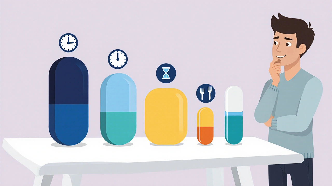 Flat illustration of six different pills each with icons for onset, duration, and food impact.