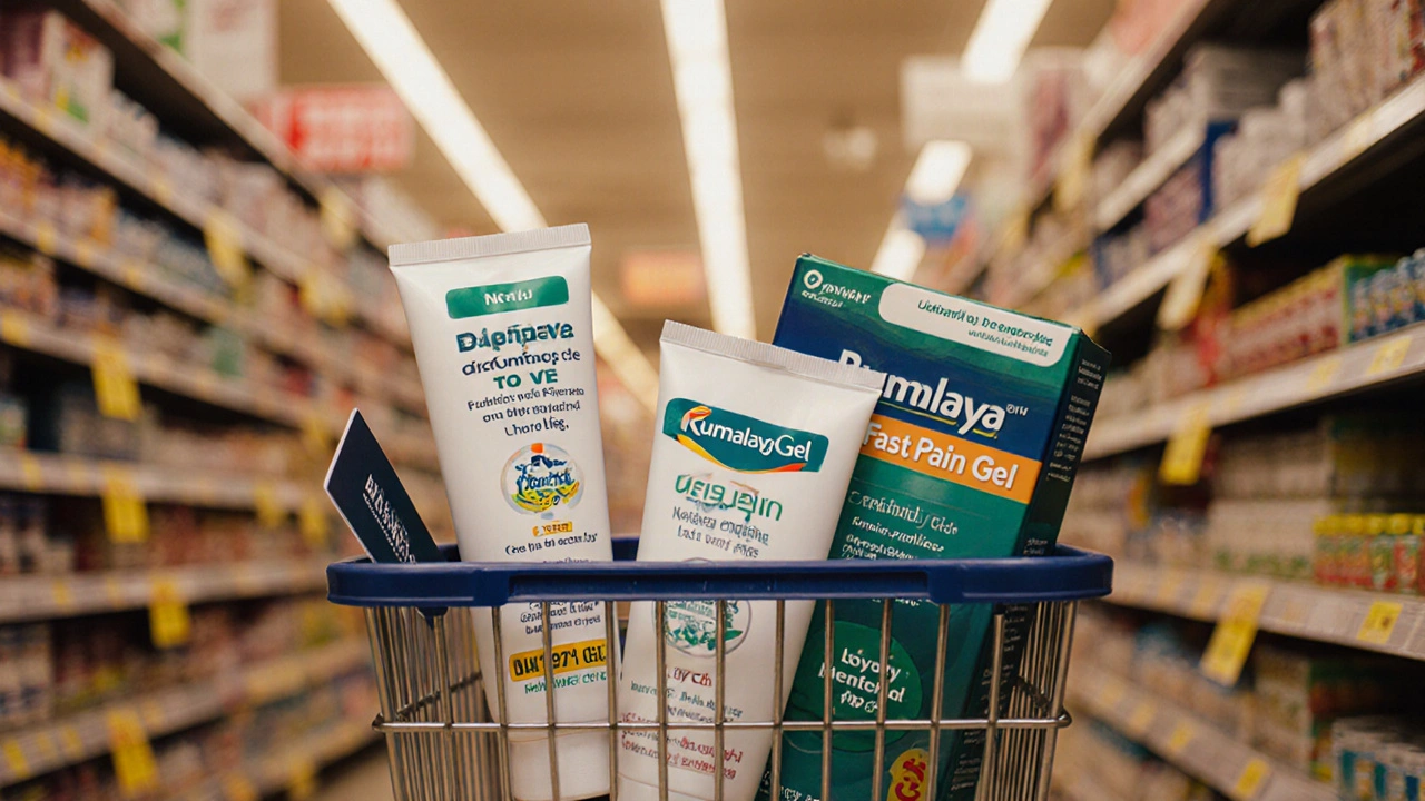 Flat‑lay of a shopping basket with different pain‑relief gels in a pharmacy aisle.