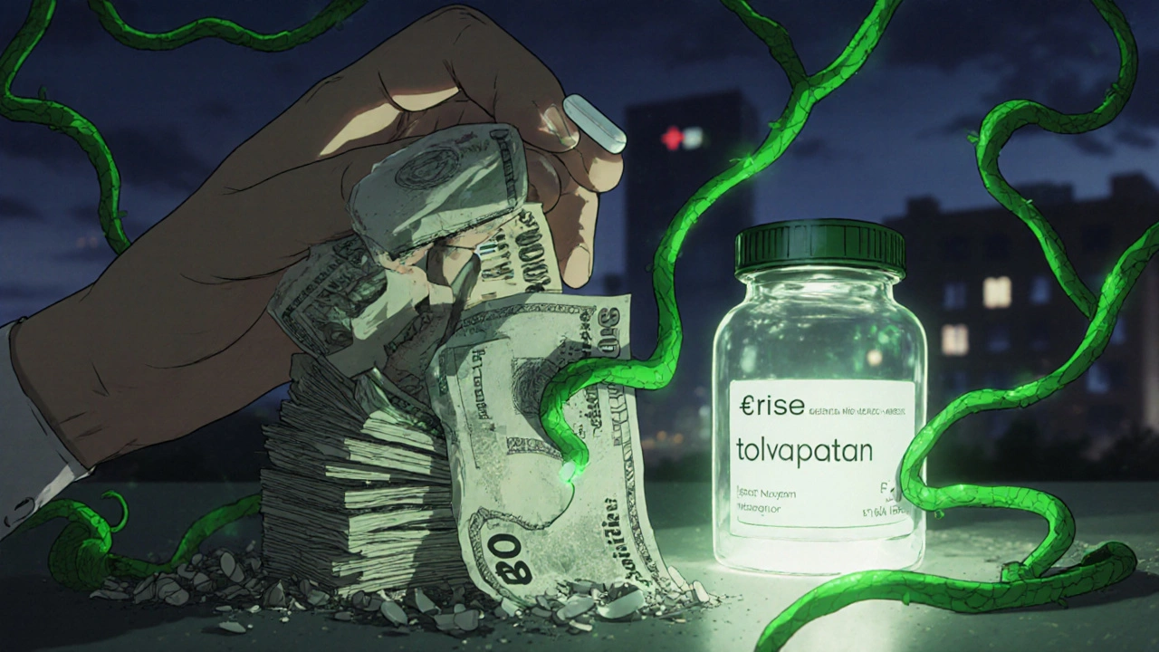 Hand holding demeclocycline pill next to expensive Natrise bottle with cost comparison visual.