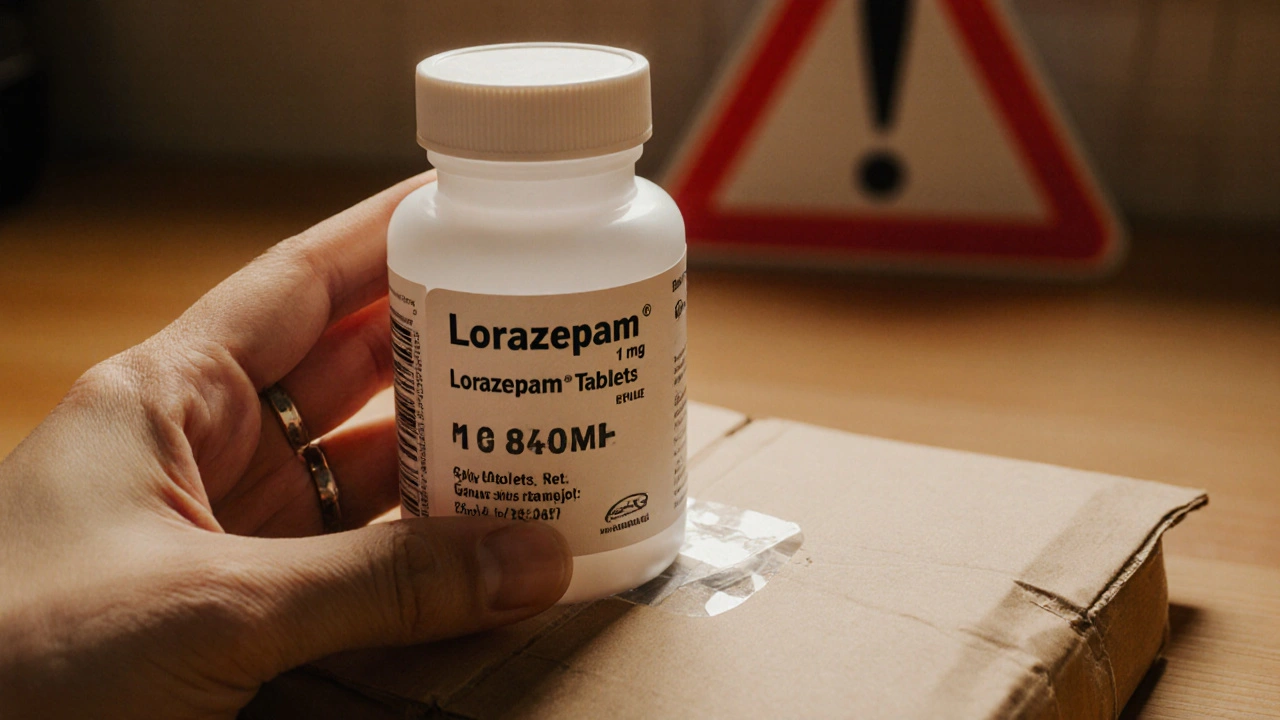 Hand inspecting a delivered bottle of generic lorazepam with label details.