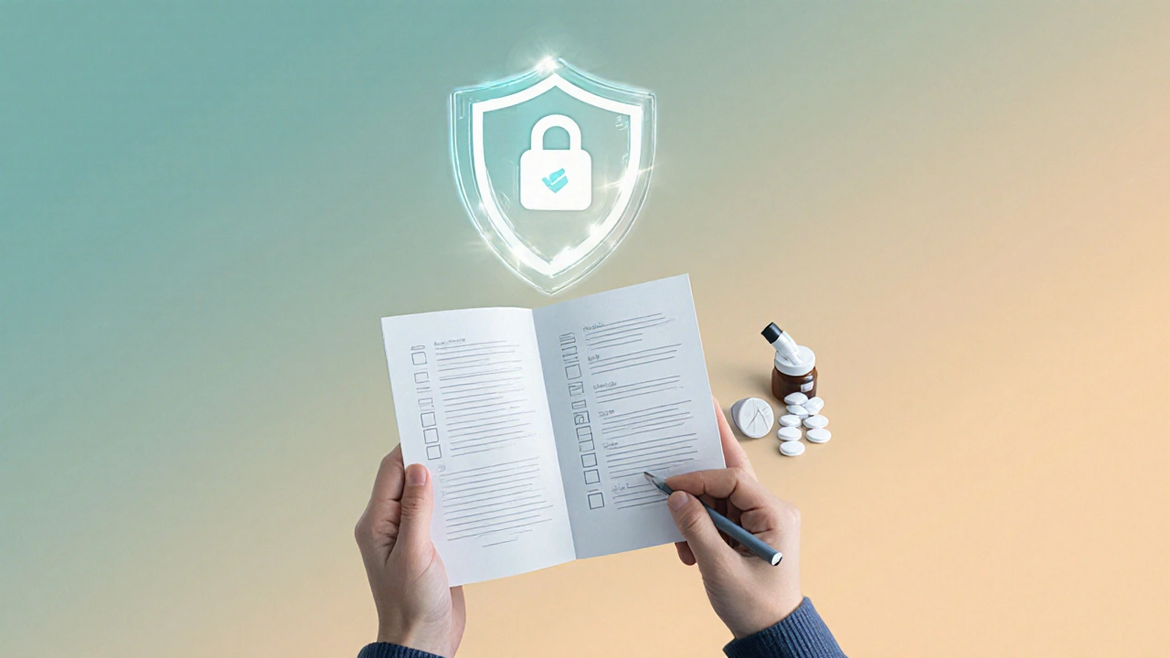 Hands holding medication guide beside tablets with a safety shield overlay.