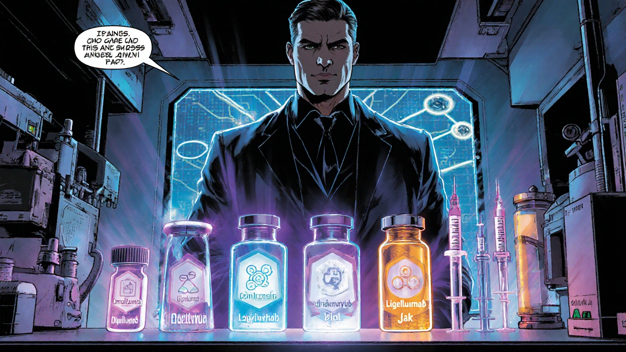 Heroic doctor with glowing vials of biologics and a JAK pill bottle.