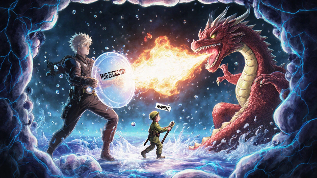 Heroic figure blocking water droplets while Natrise dragon attacks liver, sodium soldier marches forward.