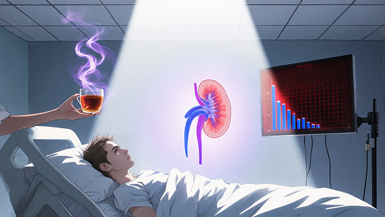 Hospital scene showing a transplant patient with echinacea tea affecting medication levels.