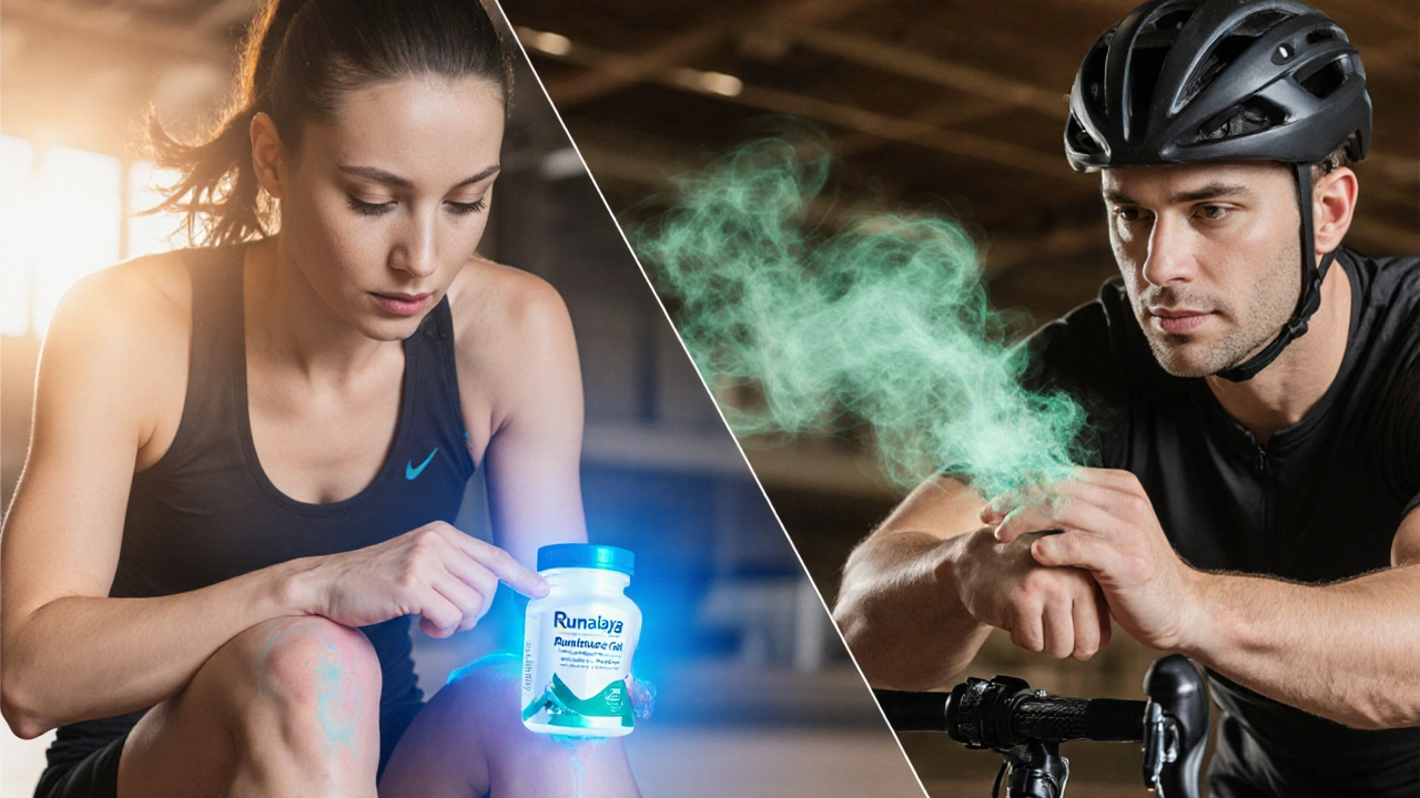 Illustration of an athlete applying Rumalaya gel and another using menthol gel.