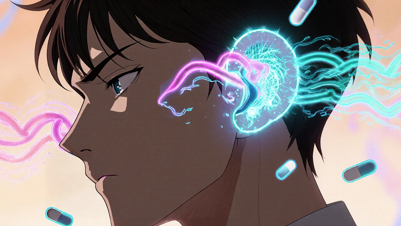 Illustration of ringing ears visualized as glowing sound waves inside the head.