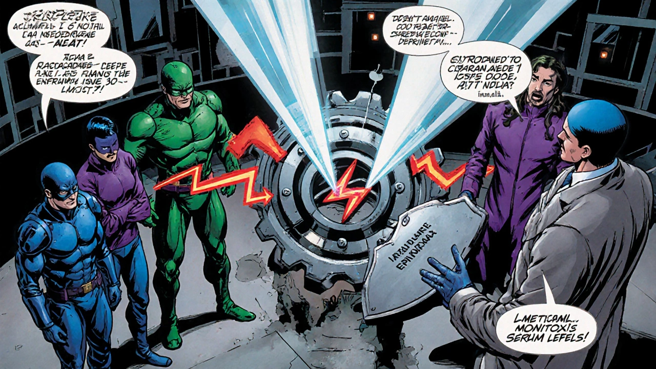 Lidocaine character confronting drug villains like amiodarone and propranolol in a lab scene.