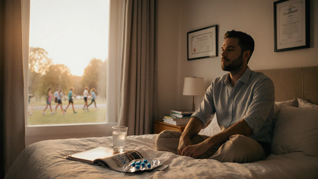 Man in bedroom beside a water glass and tablet packet, with sunrise light and health books.