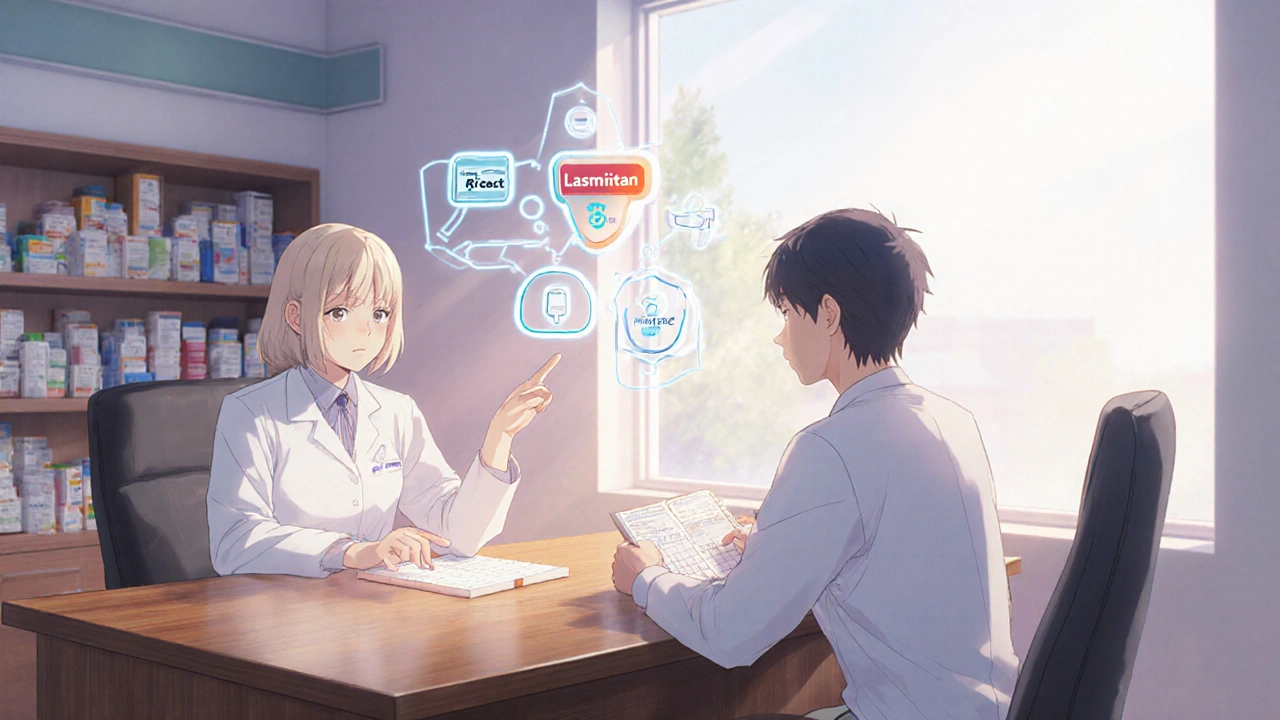 Patient and pharmacist discuss medication options in a bright clinic setting.