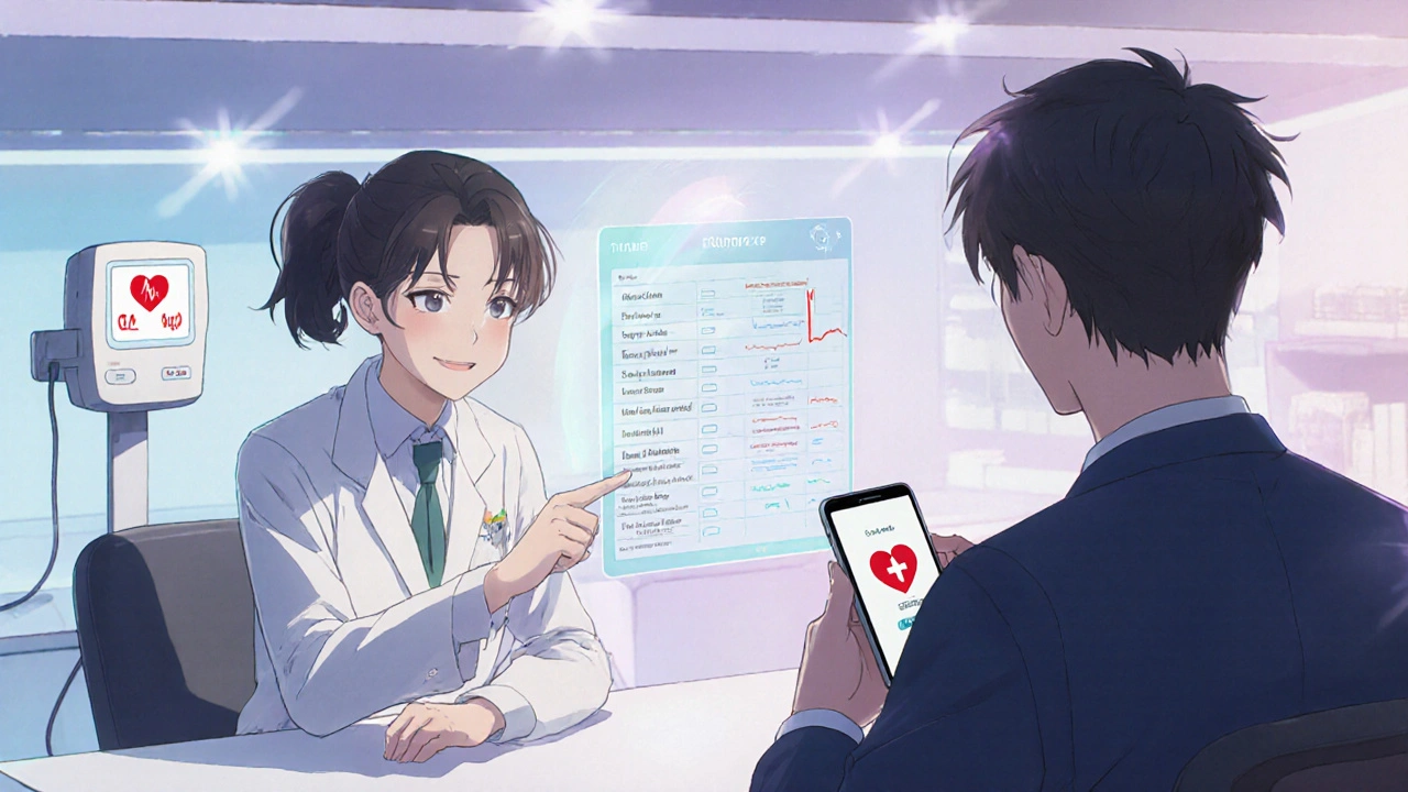 Patient and pharmacist discussing medication safety with heart monitor and emergency call icon.