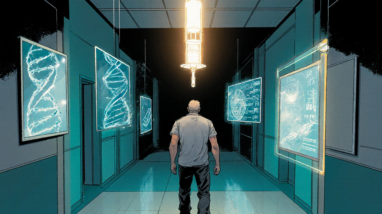 Patient approaches a futuristic quarterly injection amid holographic AI diagnostics.