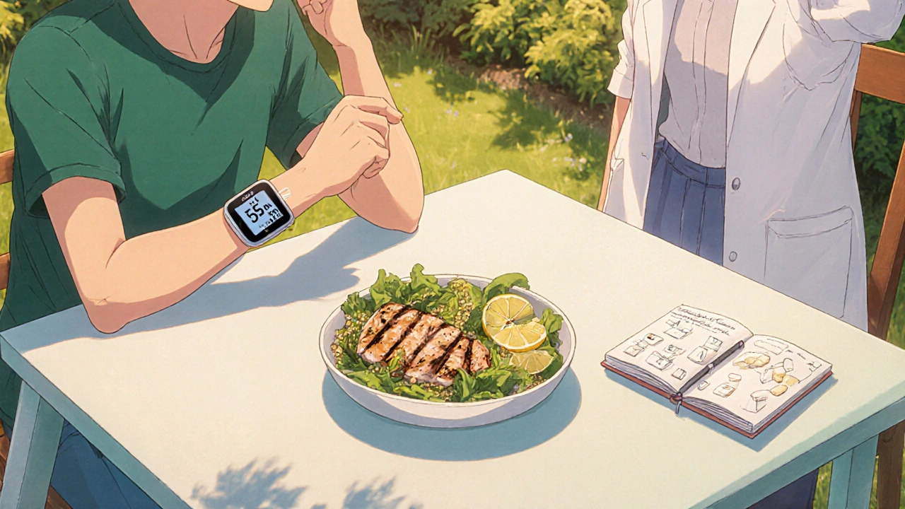 Patient enjoying a Mediterranean lunch outdoors with steady heart‑rate monitor and pharmacist nearby.