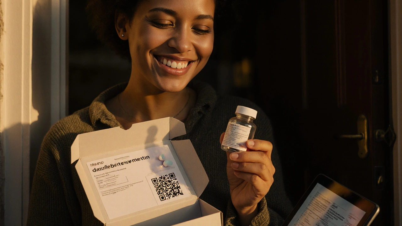 Patient opening a parcel with a bottle of generic ivermectin tablets.