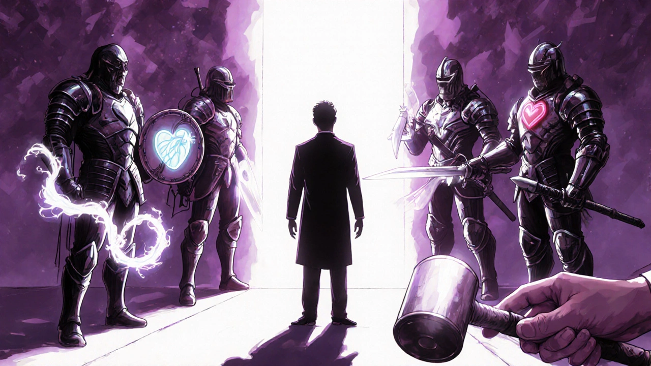 Personified blood pressure medications as warriors in battle, with nebivolol wielding a luminous vine, in Ufotable anime style.