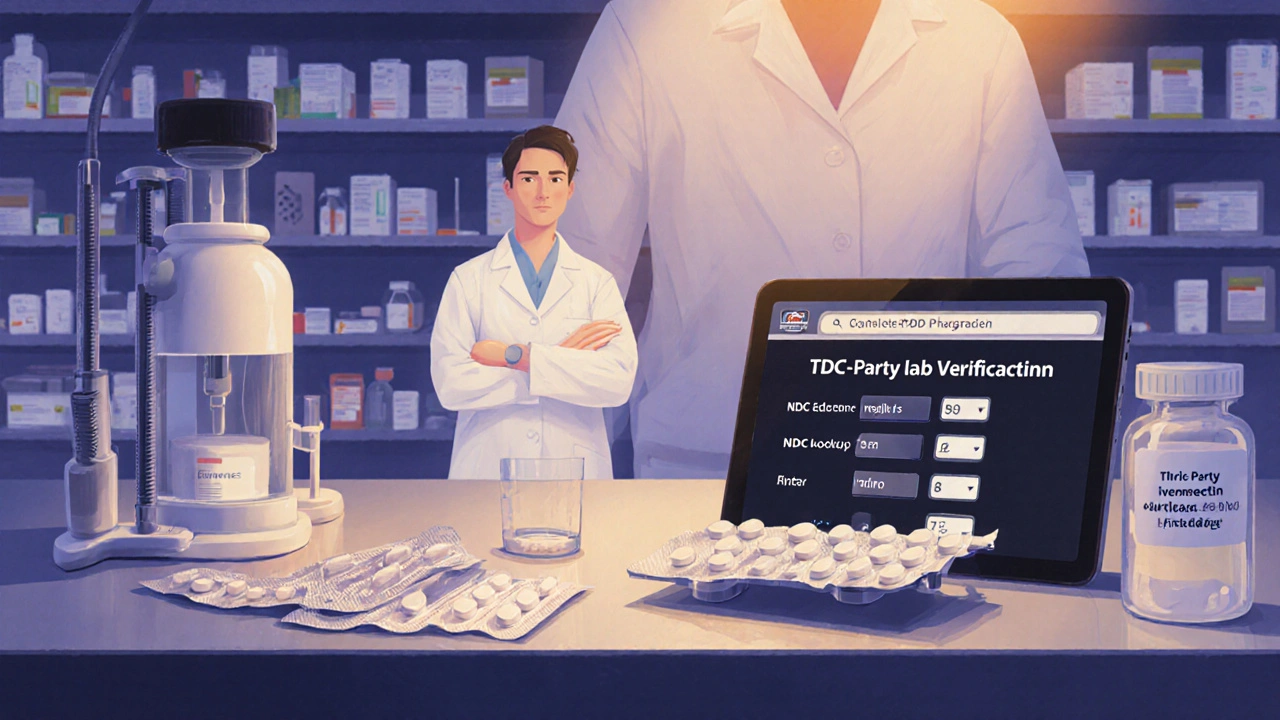 Pharmacist verifying a pill bottle and NDC code using a tablet.