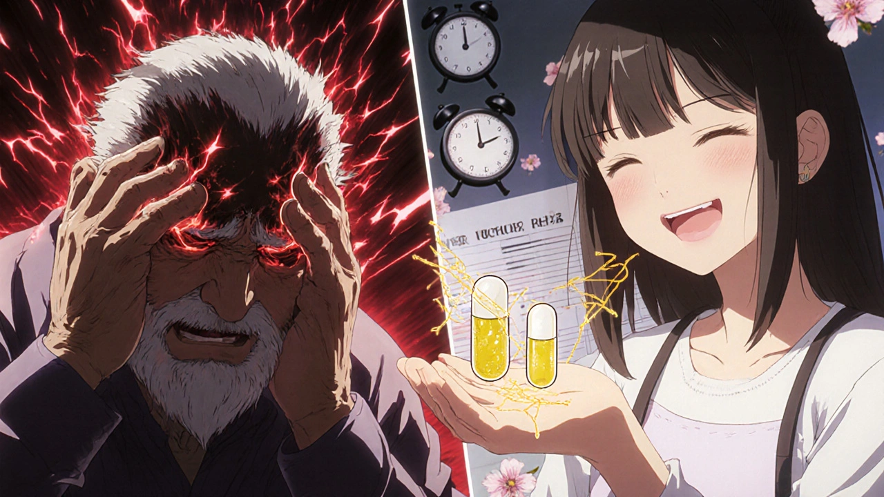 Split scene: elderly man suffering withdrawal vs. young woman safely transitioning medications with glowing light threads.