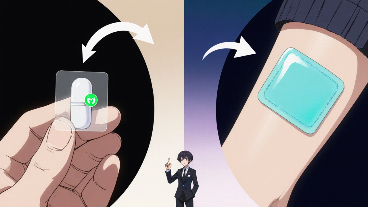 Split view of a capsule and a skin patch with icons showing side effects.