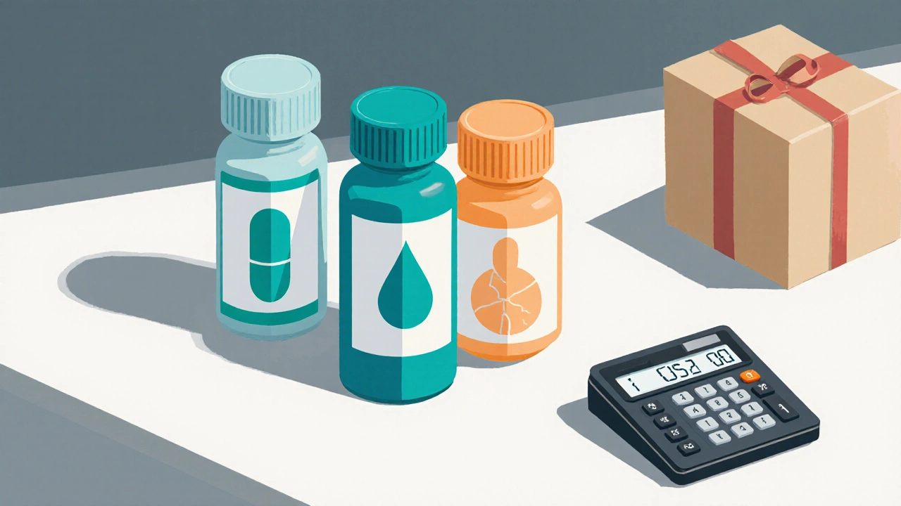 Three colored generic acetaminophen bottles with calculator and shipping box.