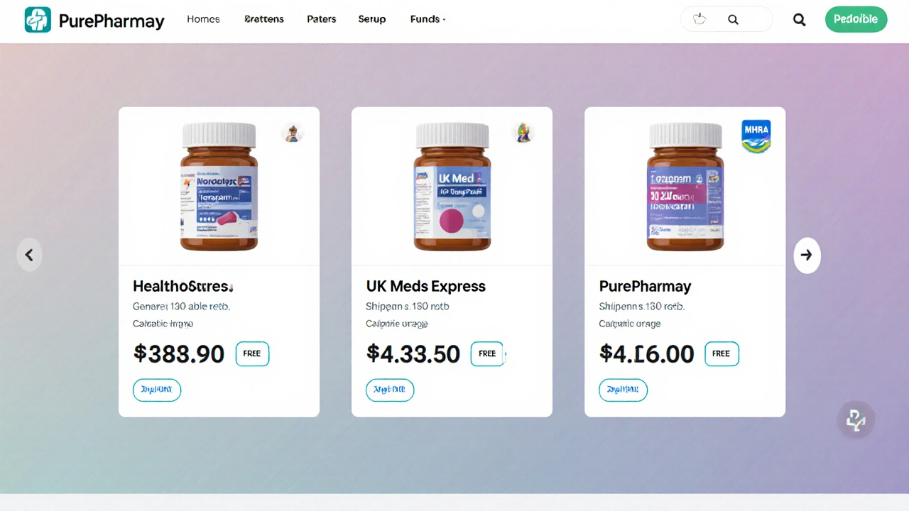 Three product cards comparing UK online pharmacies for generic lorazepam.