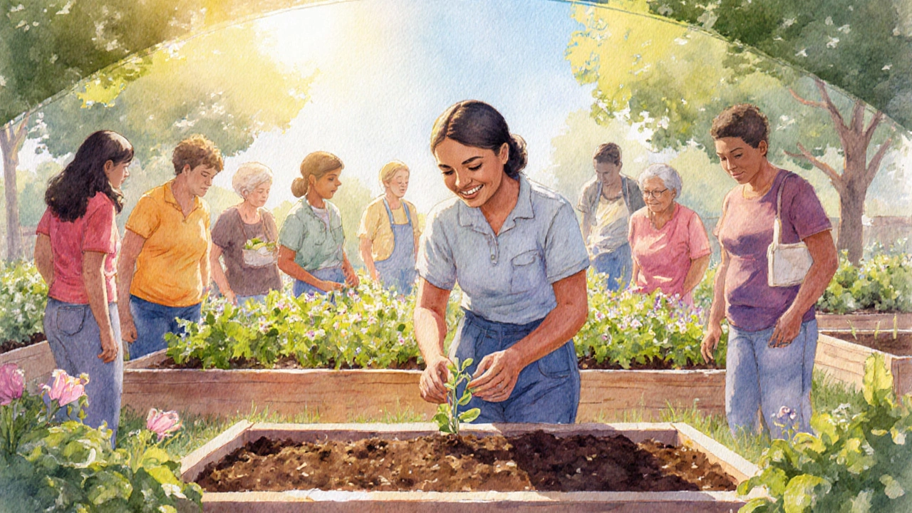 Volunteers planting seedlings in a sunny community garden.