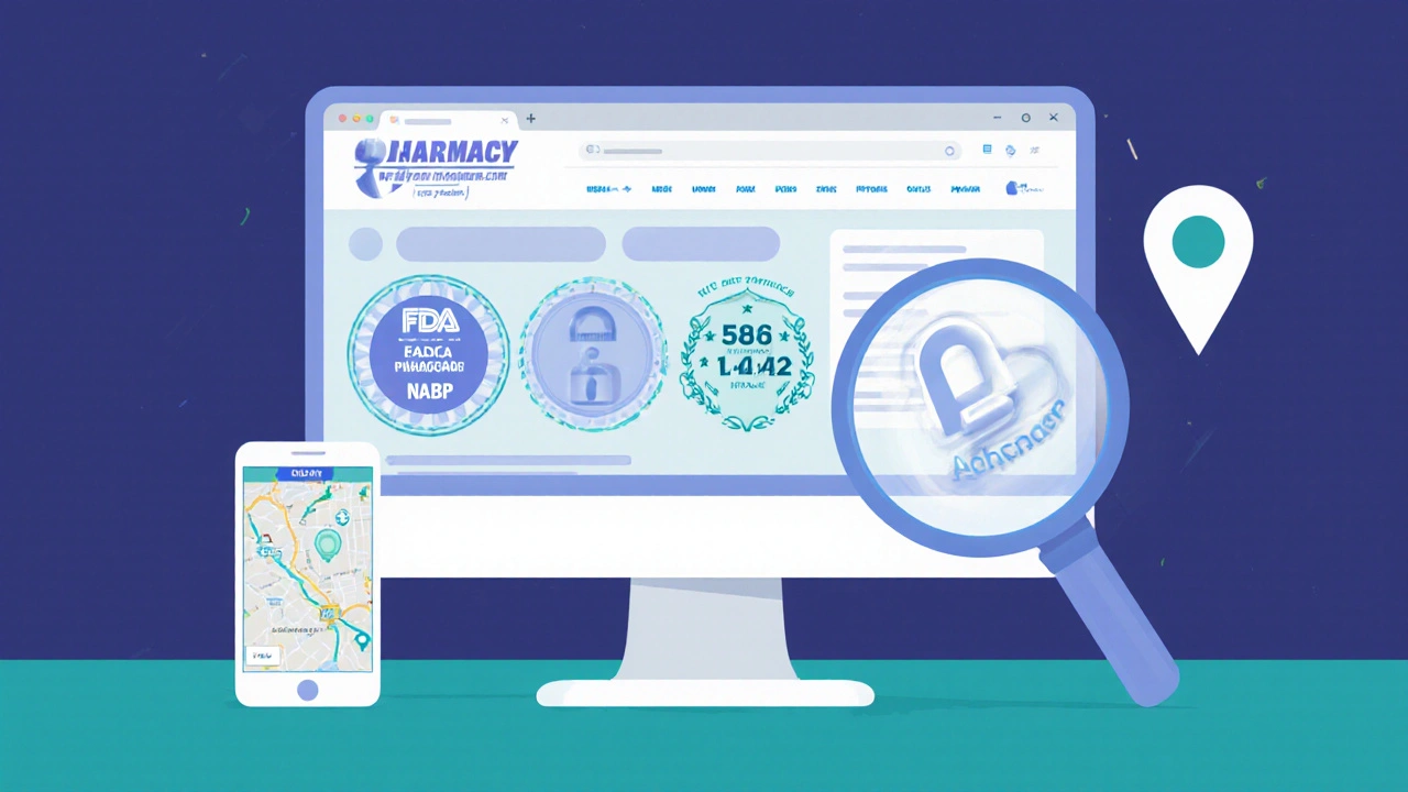 Website screen showing FDA and NABP badges, lock icon, and phone contact, highlighted by a magnifying glass.