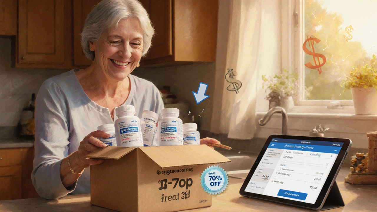 Woman opening a package with generic Synthroid bottles, price tag and subscription savings visible.