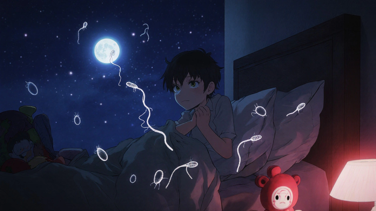 A child scratching at night while tiny white pinworms emerge from bedding under moonlight.