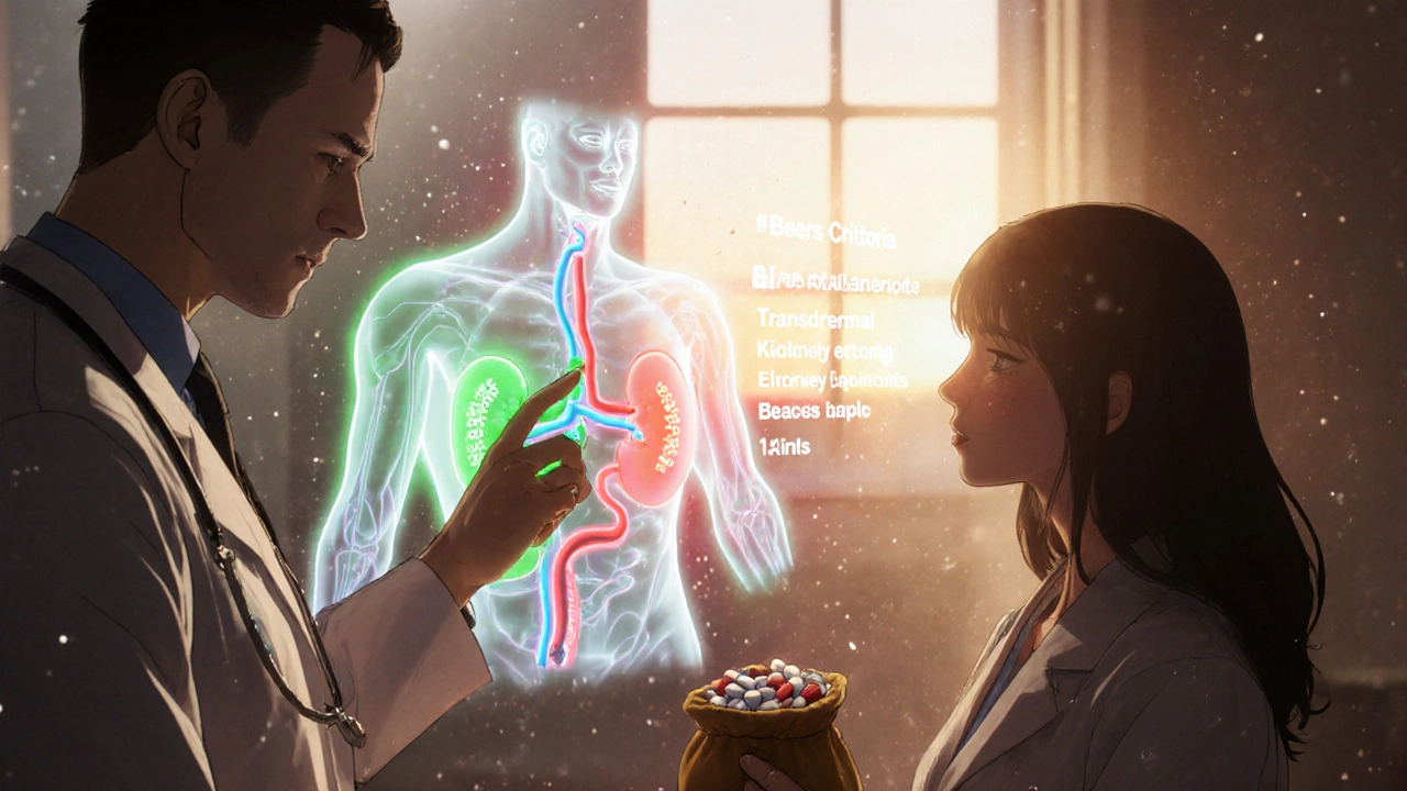 A doctor and patient reviewing a holographic body diagram showing safe vs. risky drug pathways, with a brown bag of pills on the table.
