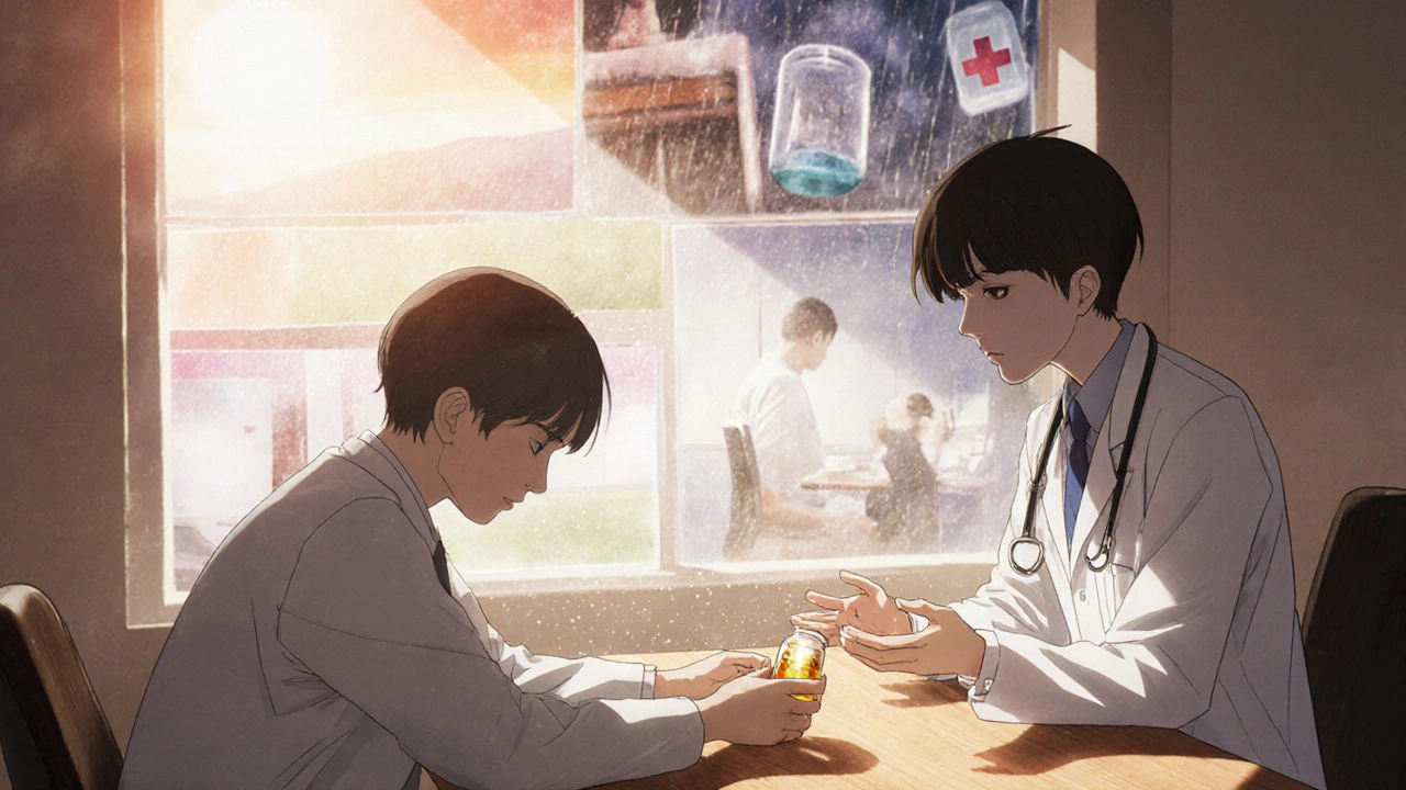 A doctor listens as a patient places their familiar pill bottle on the table, memories of past routines glowing softly around them.