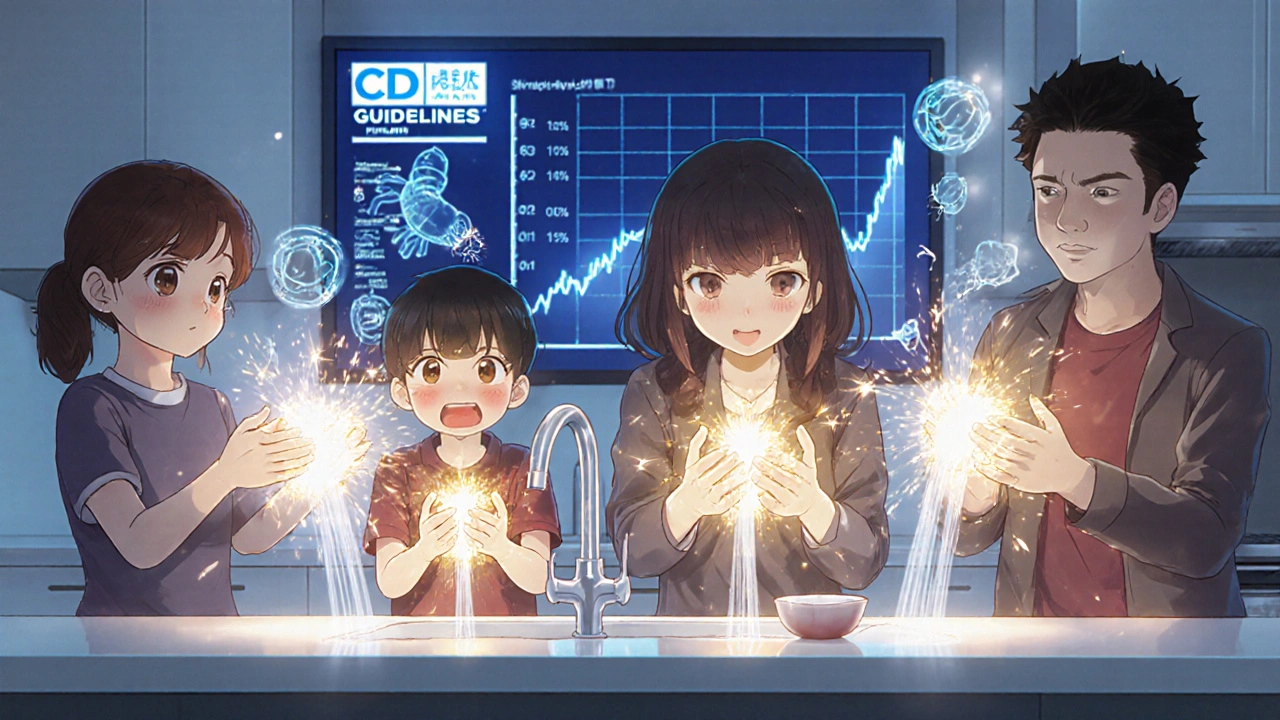 A family washing hands as invisible parasites disintegrate in golden light, symbolizing prevention.