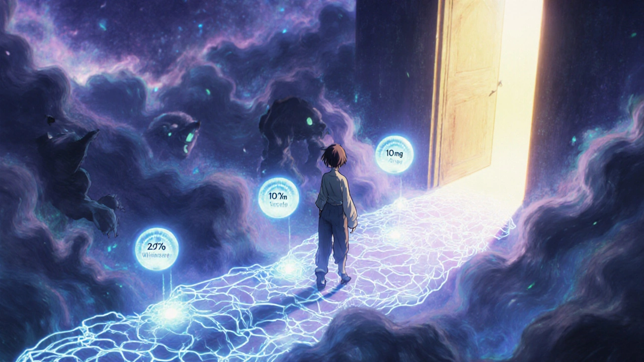 A glowing path through a brain with milestones marking taper stages, as withdrawal shadows dissolve behind.