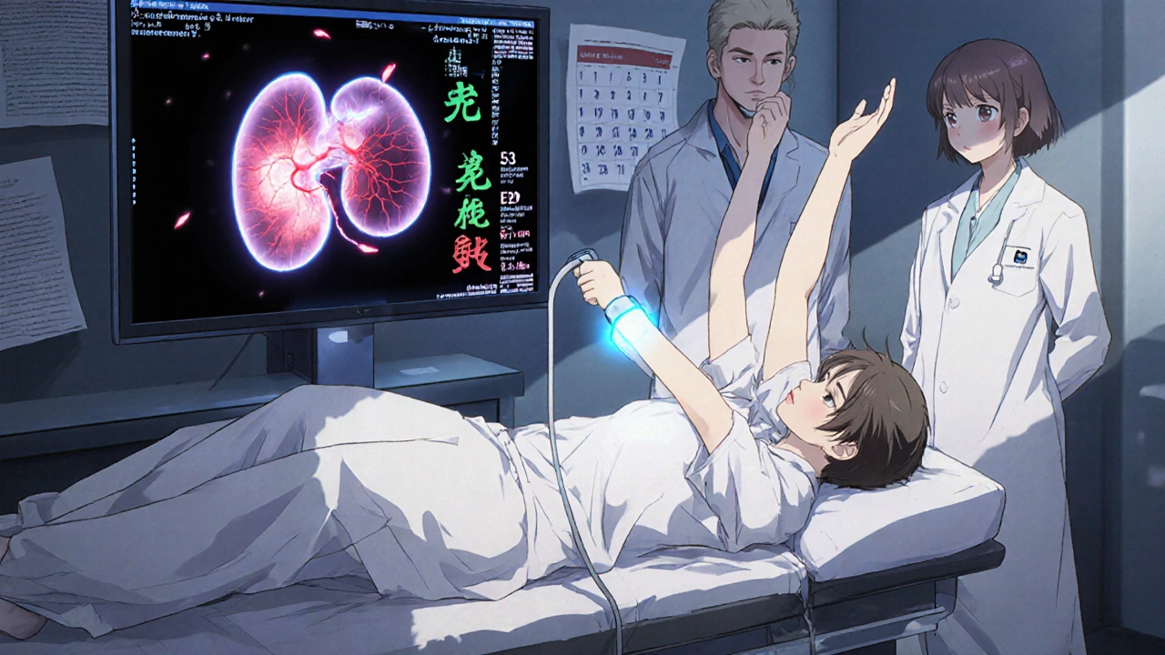 A patient undergoing ultrasound for an enlarged spleen, with medical data floating in the air.