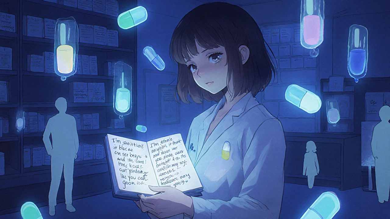 A pharmacist holds a notebook with glowing patient stories, translucent pills and silhouettes of patients floating around her in a quiet pharmacy.