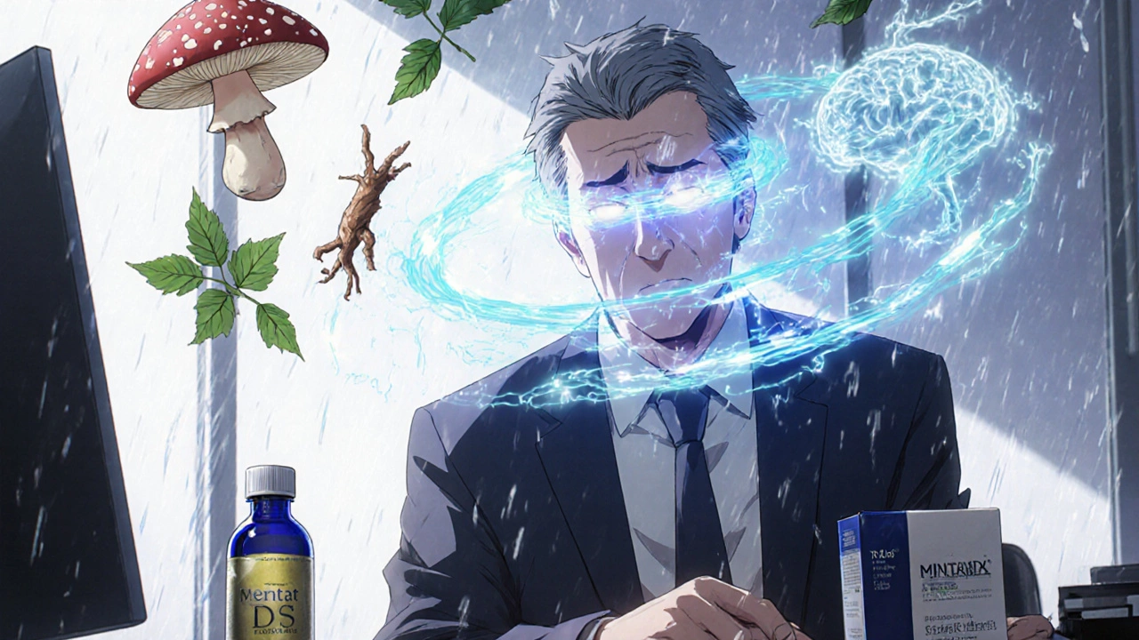 A professional in an office with floating brain-boosting herbs and a glowing neural network, symbolizing mental clarity.